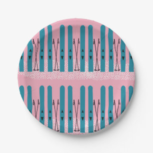 Blue skis on snow & pink background paper plates