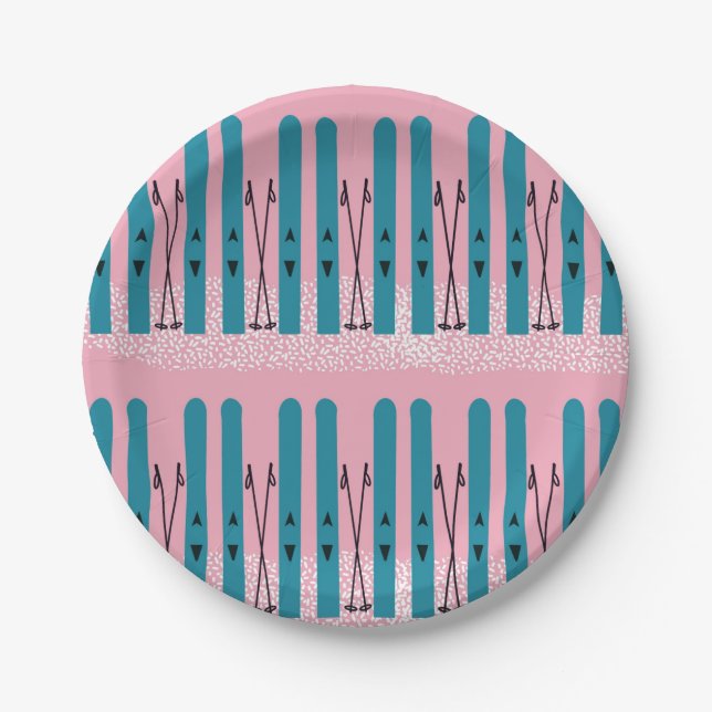 Blue skis on snow & pink background paper plates (Front)