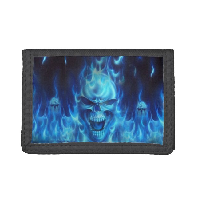 blue skull head with flames leather tri-fold wallet (Front)
