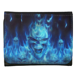 blue skull head with flames leather tri-fold wallet