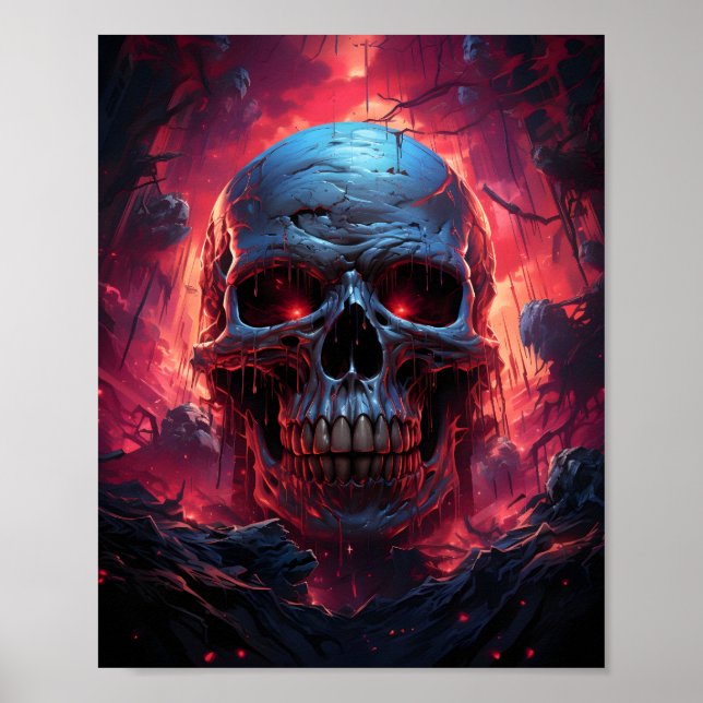 Blue Skull In Front Of Red And Purple Lighting Poster (Front)