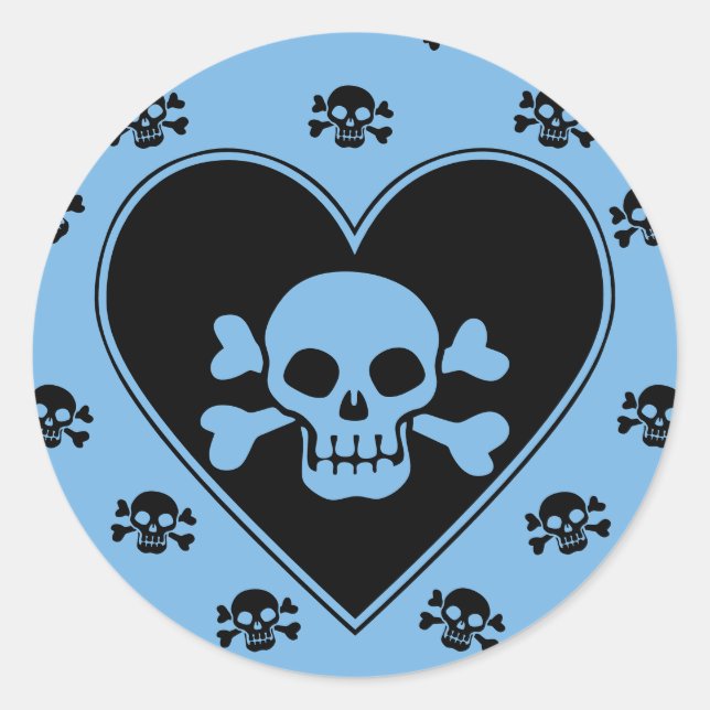 Blue Skull in Heart Classic Round Sticker (Front)