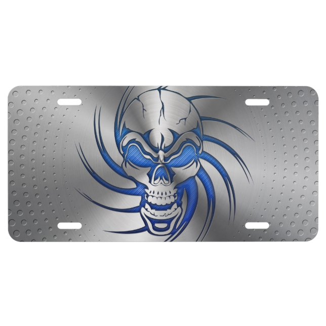 Blue Skull Metallic Look License Plate (Front)