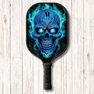 Blue Skull with Blue Flames Modern Monogram Pickleball Paddle