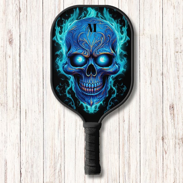 Blue Skull with Blue Flames Modern Monogram Pickleball Paddle (Creator Uploaded)
