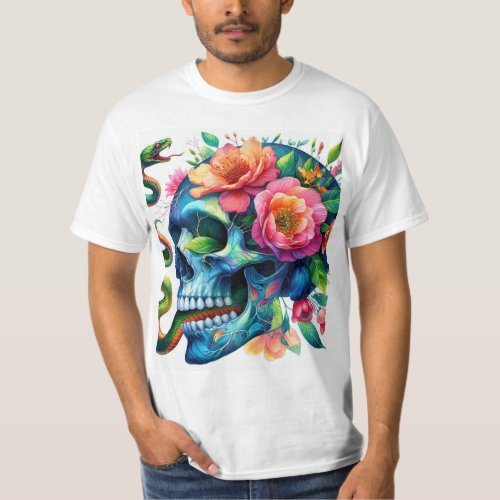 Blue skull with flowers and snake watercolor T_Shirt