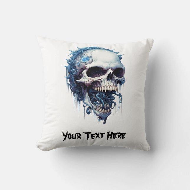 Blue Skull with maggots and steampunk details Throw Pillow (Front)