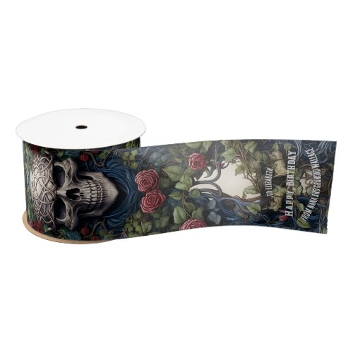 Blue Skull with Roses and Cornflowers Satin Ribbon