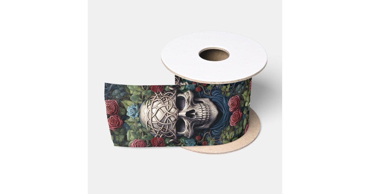 Blue Skull with Roses and Cornflowers Satin Ribbon | Zazzle