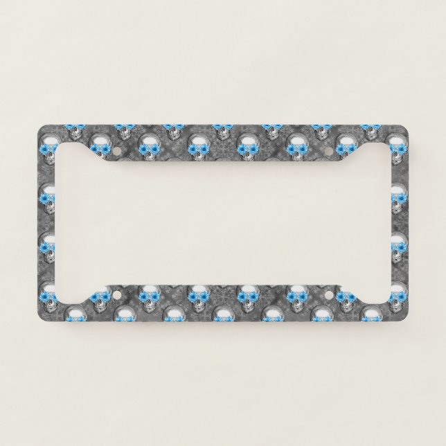 Blue Skulls and Sunflower Series Design 5 License Plate Frame (Front)
