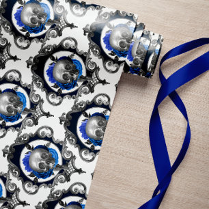BLUE SKULLS VINTAGE CREEPY CHRISTMAS WRAPPING PAPER