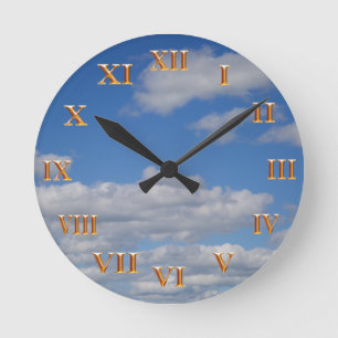 Blue Sky and Clouds - Gold Roman Numerals Round Clock