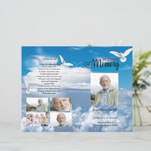 Blue sky and dove Funeral Program template | Zazzle