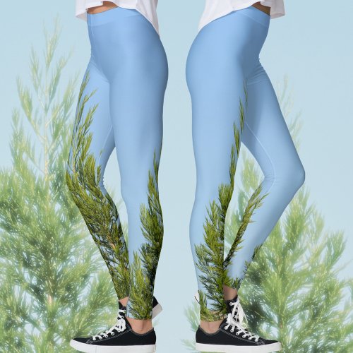 Blue Sky and Green Pines Nature Photography Leggings