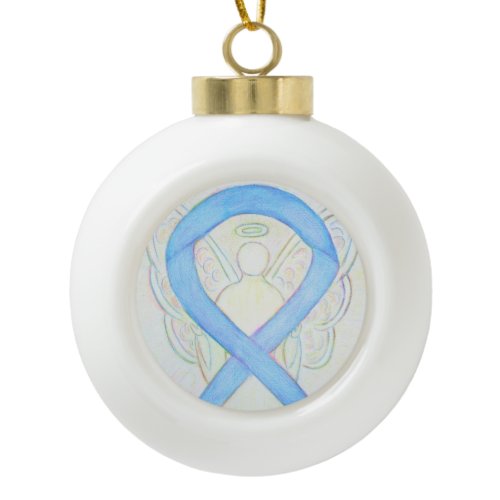 Blue Sky Awareness Ribbon Guardian Angel Ceramic Ball Christmas Ornament
