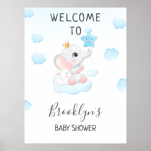 Blue Sky Balloon Elephant Baby Shower Welcome Sign