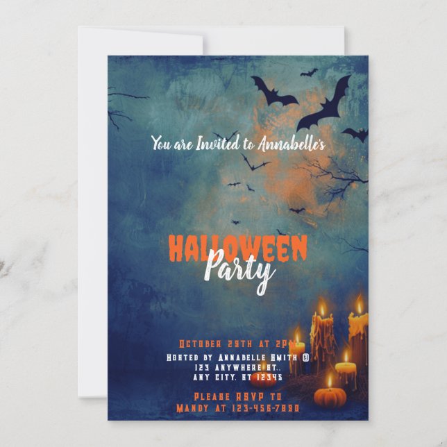 Blue Sky Bats Candles Pumpkins Halloween Party Invitation (Front)