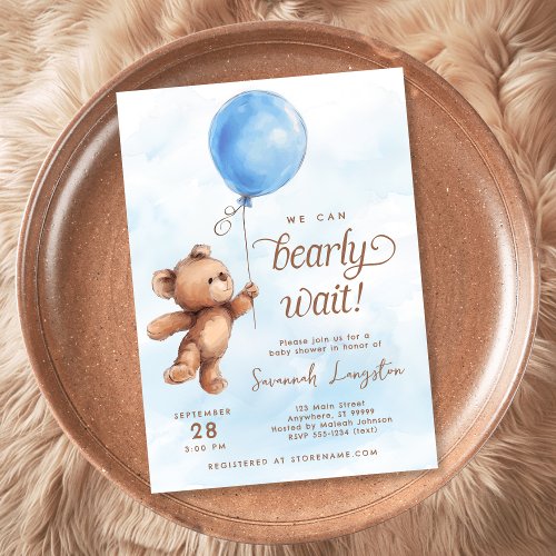 Blue Sky Bearly Wait Boy Teddy Bear Baby Shower Invitation