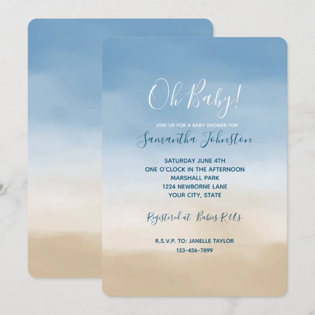 Blue Sky Beige Sand Ombre Watercolor Invitation (Front/Back)