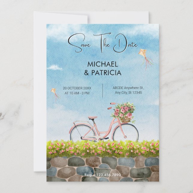 Blue Sky bicycle landscape wedding  Save The Date (Front)