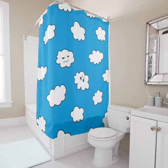 Blue Sky Cartoon Funny Clouds Shower Curtain (In Situ)