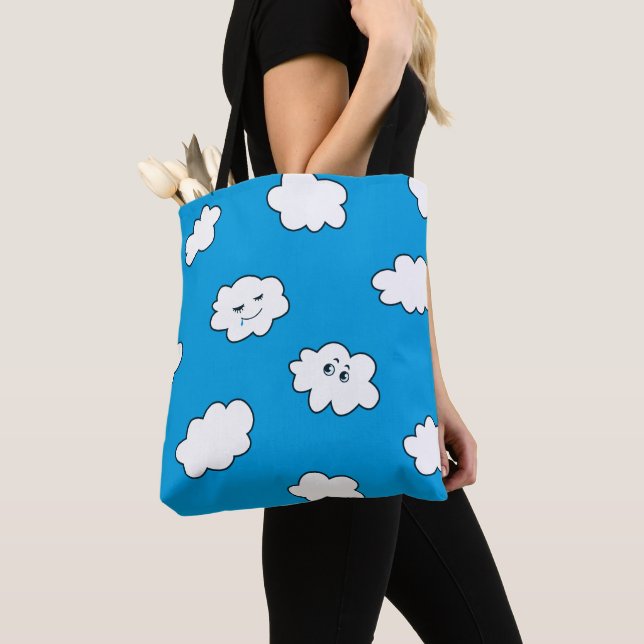 Blue Sky Cartoon Funny Clouds Tote Bag (Close Up)
