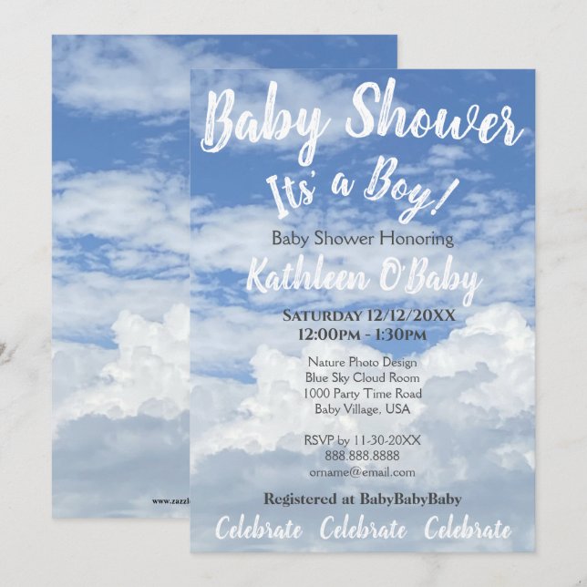 BLUE SKY CLOUDS PHOTO BABY BOY SHOWER INVITATION (Front/Back)