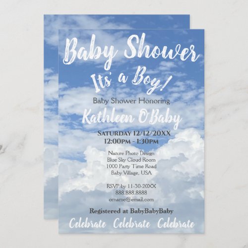 BLUE SKY CLOUDS PHOTO BABY BOY SHOWER INVITATION
