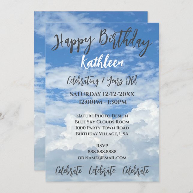BLUE SKY CLOUDS PHOTO BIRTHDAY INVITATION (Front/Back)