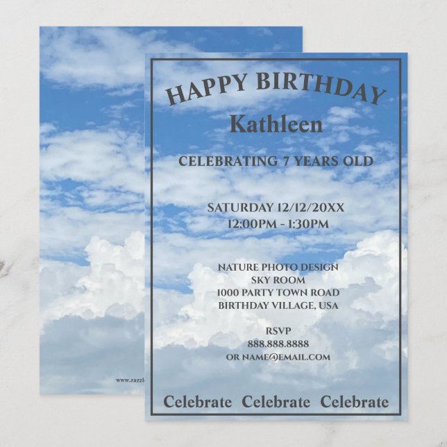 BLUE SKY CLOUDS PHOTO HAPPY BIRTHDAY INVITATION (Front/Back)