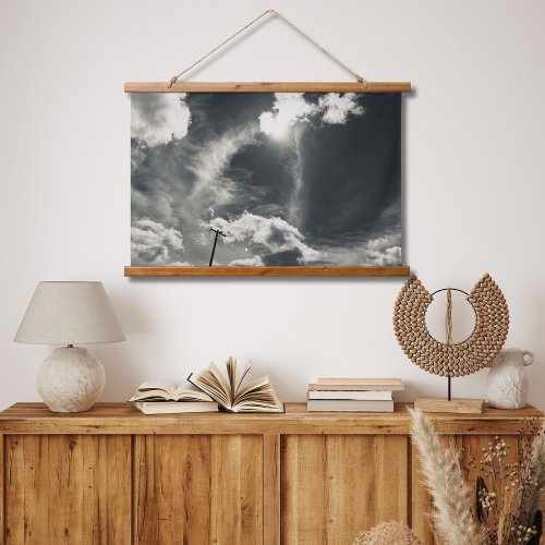 Blue Sky Clouds  Power Lines in Grayscale  Hanging Tapestry