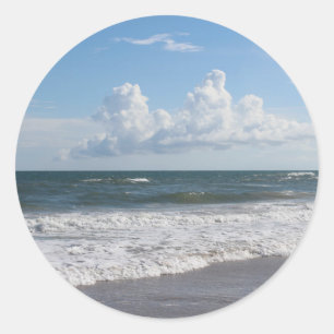 Blue Sky Fat Clouds & Rolling Surf Beach Photo Classic Round Sticker