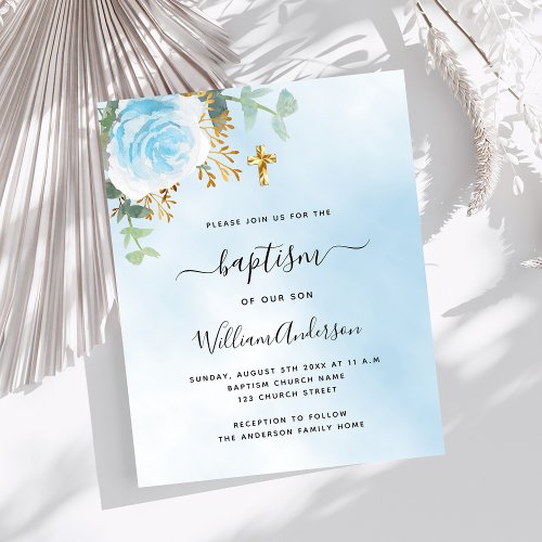 Blue sky floral eucalyptus boy baptism invitation