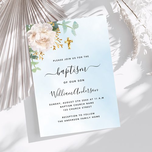 Blue sky floral eucalyptus boy cross baptism invitation