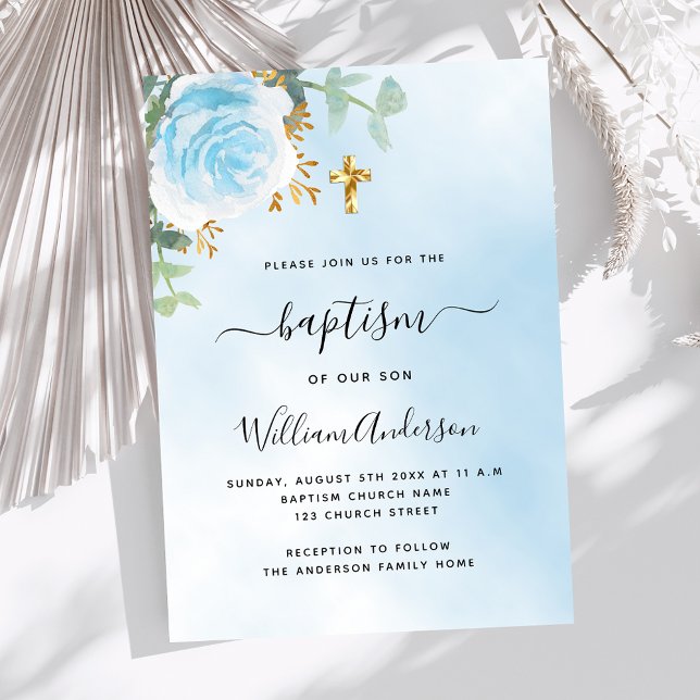 Blue sky floral eucalyptus boy cross baptism invitation (Creator Uploaded)