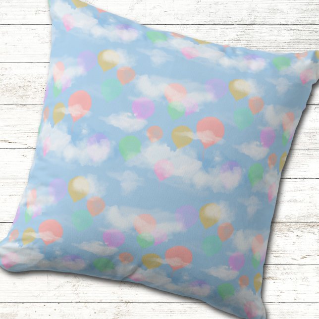 Blue Sky, Fluffy Clouds Pastel Balloons Throw Pillow (Creator Uploaded)