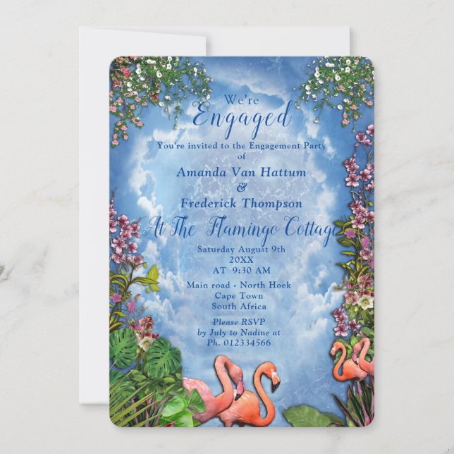 Blue sky, Fluffy Clouds & Pink Flamingos Invitation (Front)