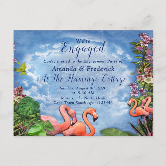 Blue sky, Fluffy Clouds & Pink Flamingos Invitation Postcard (Front)