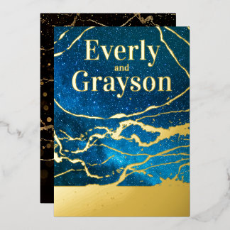 Blue Sky Galaxy Agate Marble Gold Wedding Foil Invitation