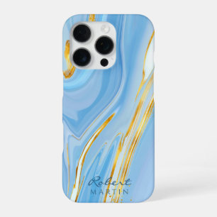Blue Sky Gold Glitter Marble Customizable iPhone 16 Pro Case