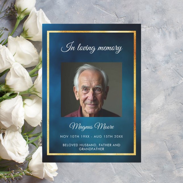 Blue sky gold photo funeral program card (Creator Uploaded)