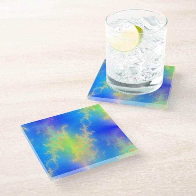 Blue Sky & Golden Yellow Lightning Bolts Glass Coaster (Angled)