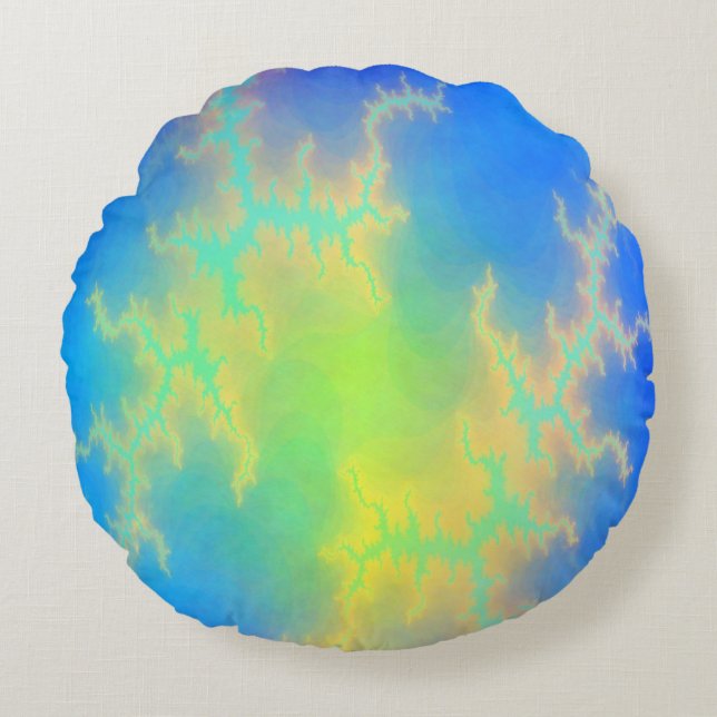 Blue Sky & Golden Yellow Lightning Bolts Round Pillow (Front)