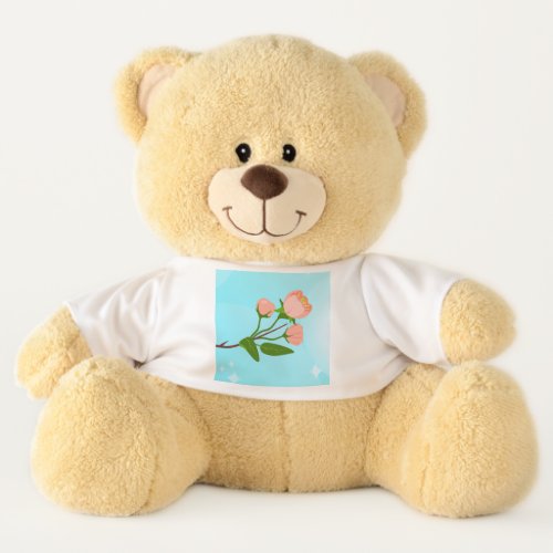 Blue sky gradient with blooming spring branch teddy bear