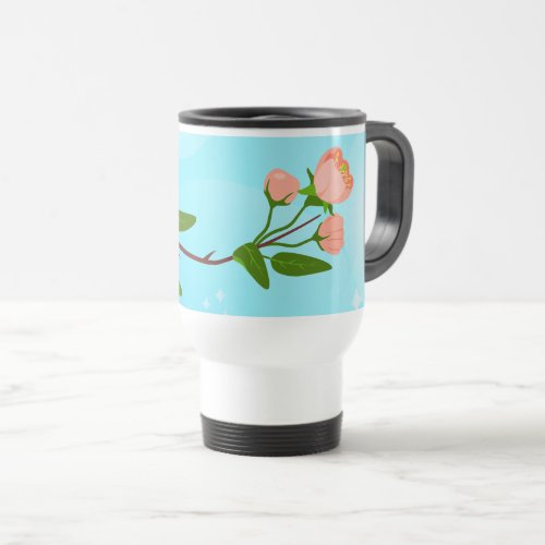 Blue sky gradient with blooming spring branch  travel mug