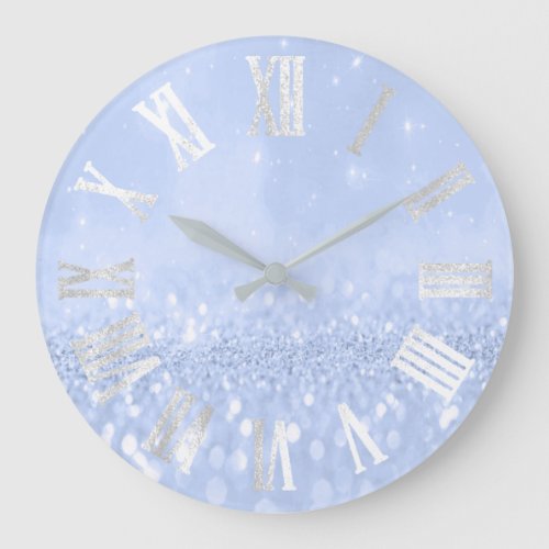 Blue Sky Gray Silver Glitter Metal Roman Numers Large Clock