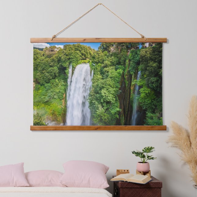 Blue Sky Green Golden Vegetation Cascading Waterfa Hanging Tapestry (Bedroom)