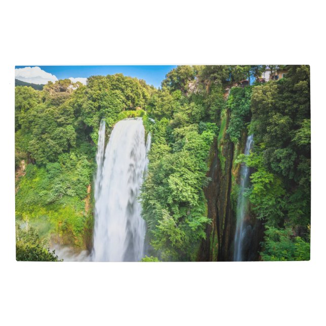 Blue Sky Green Golden Vegetation Cascading Waterfa Metal Print (Front)