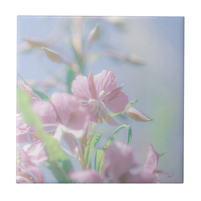 Blue Sky Green Plant Leaves Purple Flowers Ceramic Tile (Front)