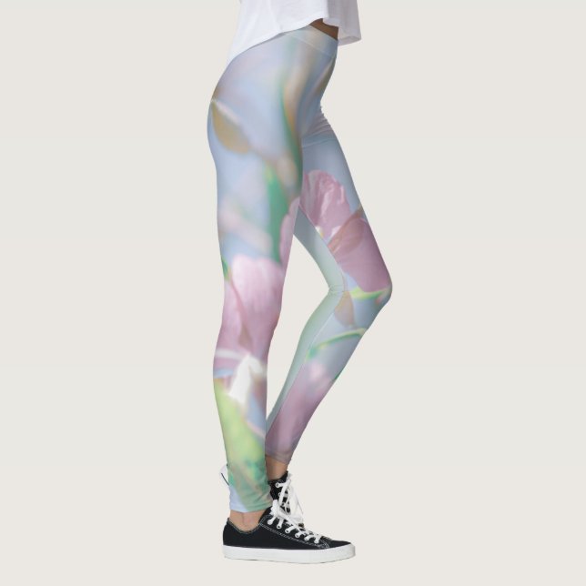 Blue Sky Green Plant Leaves Purple Flowers Leggings (Right)
